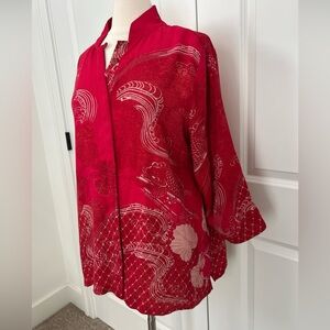 DRESSORI size L 100% silk Koi Fish Print Tunic Blouse Mandarin Collar